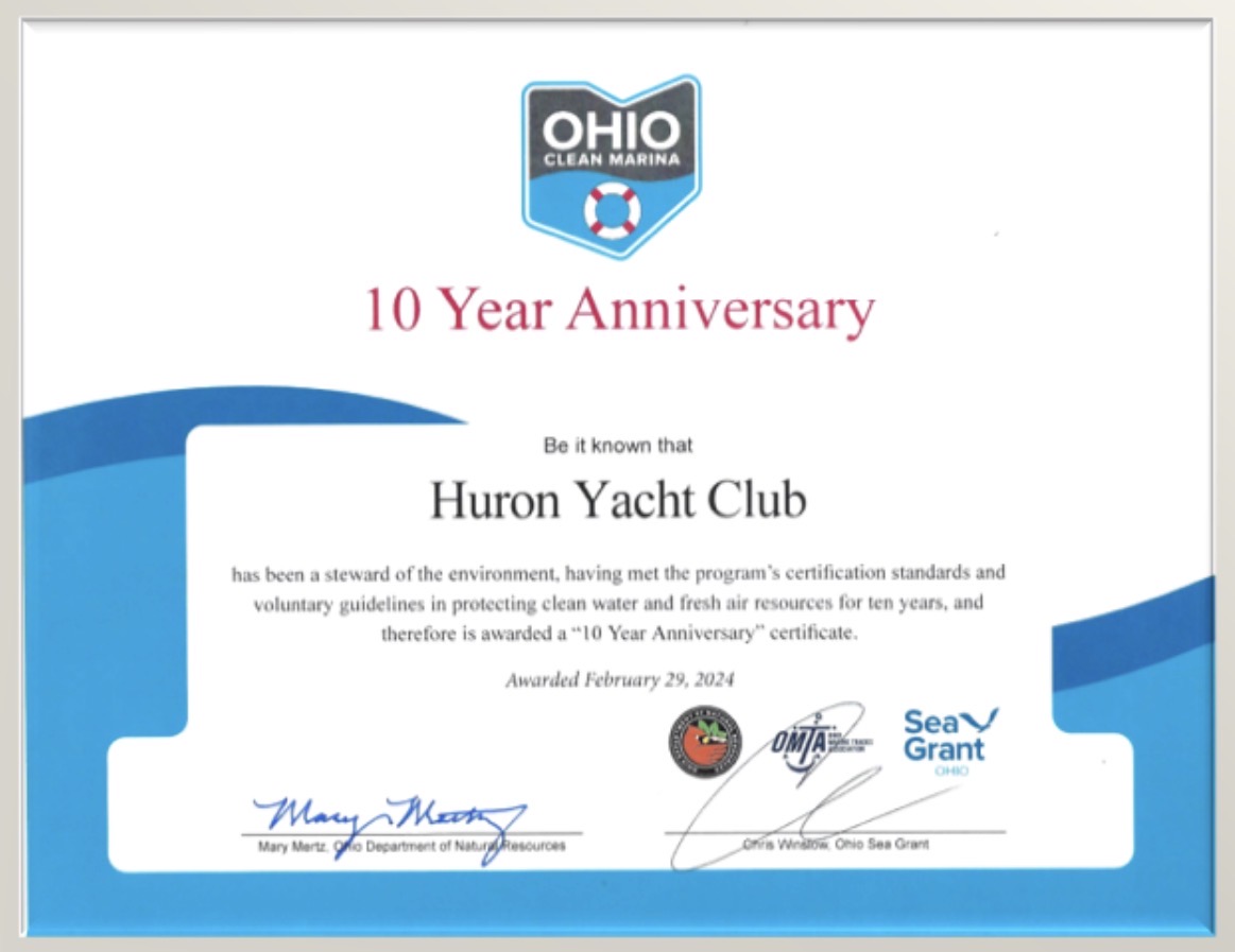 Ohio Clean Marina 10-Year Anniversary Certificate awarded to Huron Yacht Club, February 2024