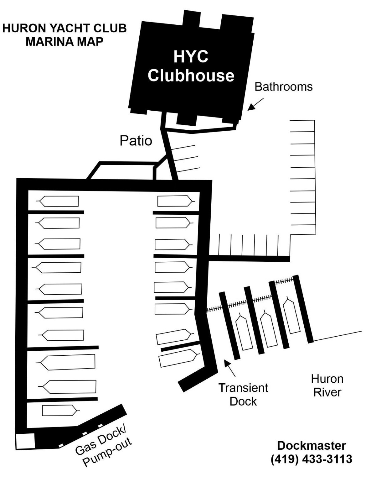 Huron Yacht Club Marina Map showing dock layout, transient dock, gas dock, and clubhouse