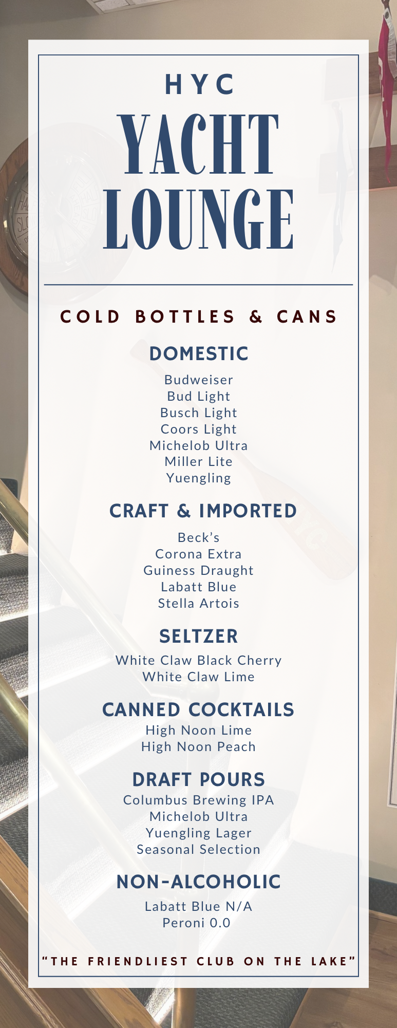 HYC Yacht Lounge Beer and Cans Menu