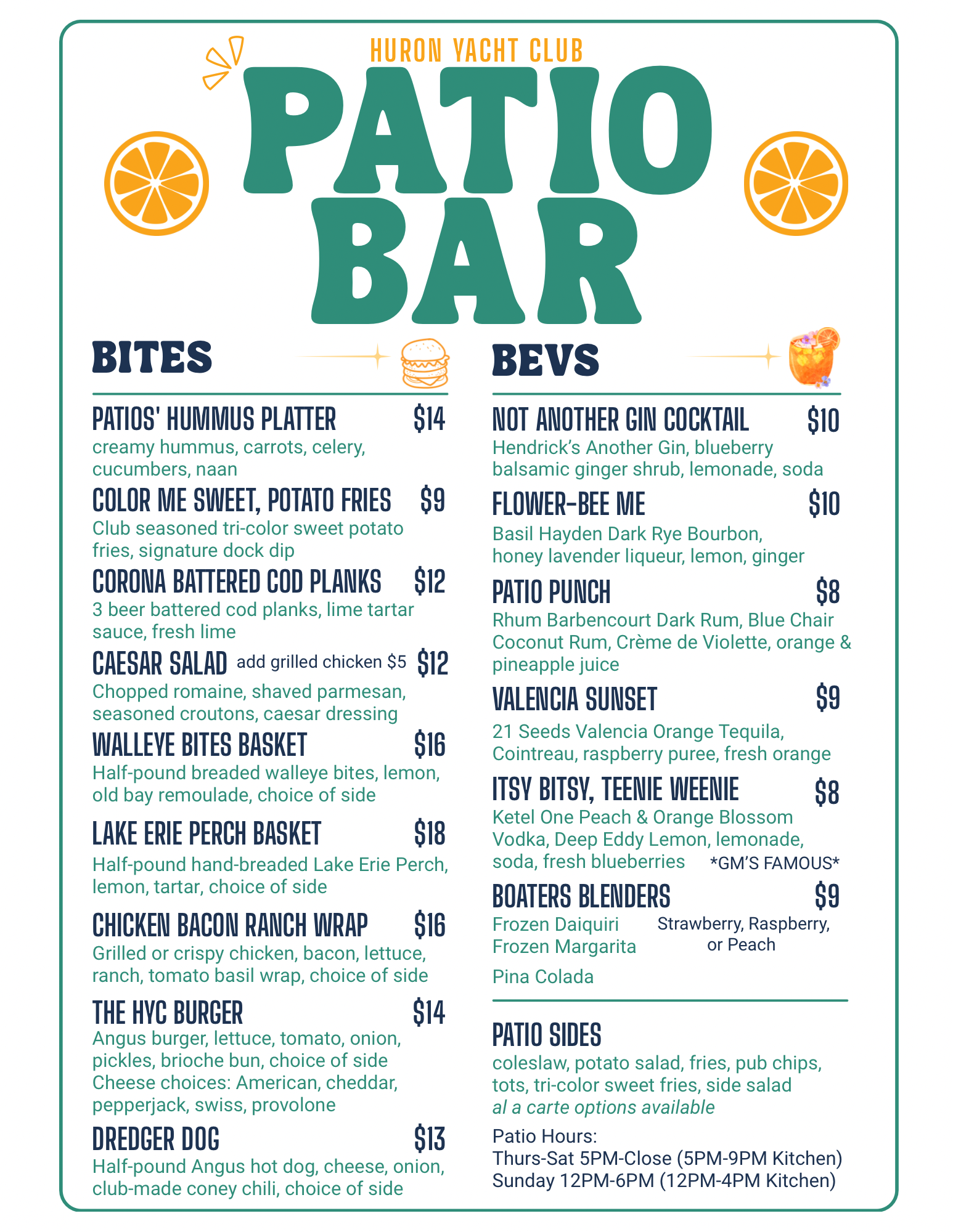 HYC Patio Bar menu — Bites, Bevs, sides, and patio hours